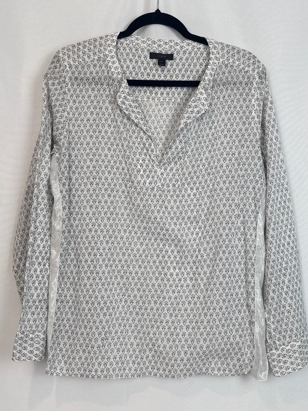 J.Crew Womens Floral Print Tunic Top Metallic Panel Size 14 White Black Resort